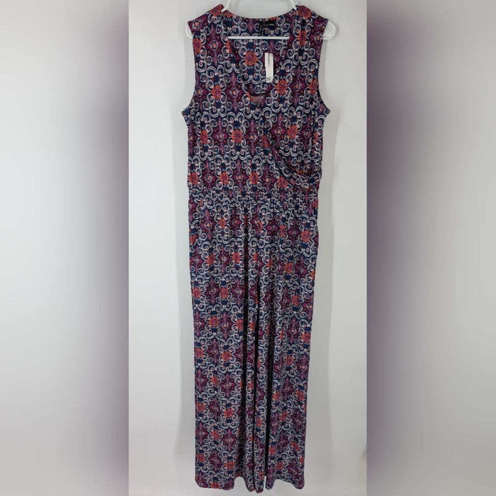 New Directions Purple Blue Arabesque Sleeveless V-Neck Wide Leg Jumpsuit XL NWT